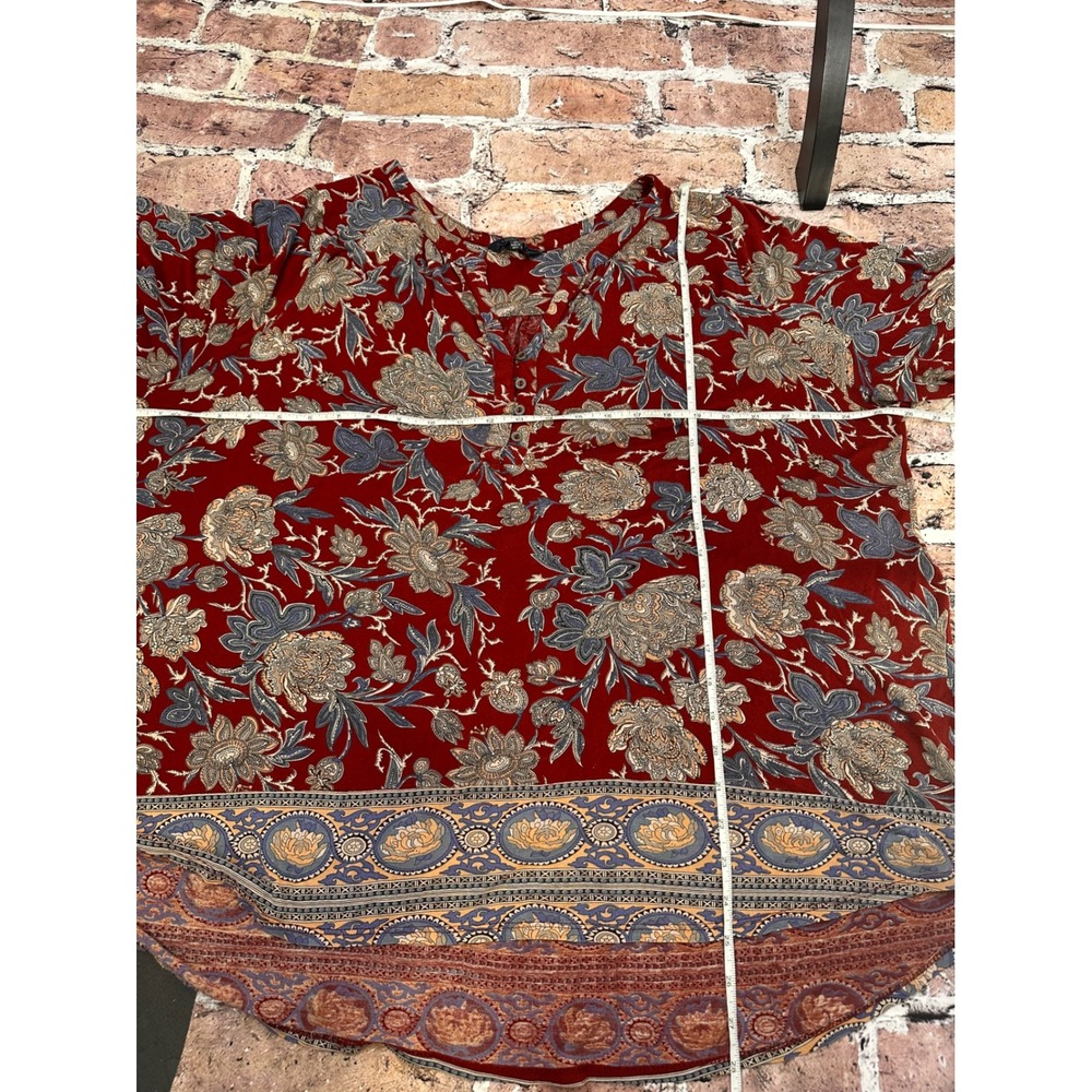 Lucky Brand Red Floral Boho Henley Tunic Blouse Plus Size 2X 3/4 Sleeve Border - Picture 9 of 14